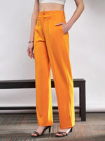 Women Orange Front Darted Knitted Straight Pants