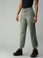 Women's Olive Solid Denim Wide Leg Jeans-IM9811-Olive