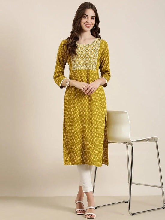 Women Mustard Geometrical Straight Kurta-AT-A1080-K-Mustard