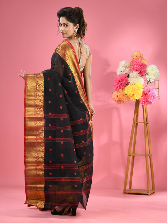 Black Pure Cotton Tant Saree With Zari Border-MA51TT43540050