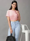 Women's Peach Striped Cinched Waist Crop Top-AE-10503-Peach