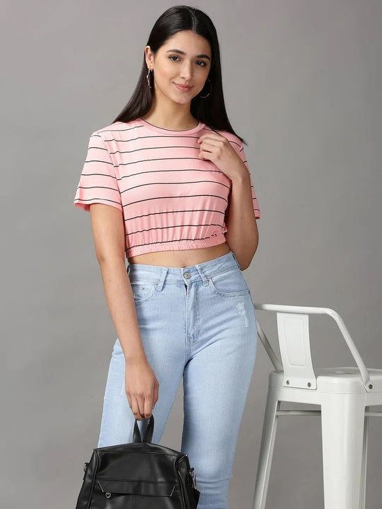 Women's Peach Striped Cinched Waist Crop Top-AE-10503-Peach