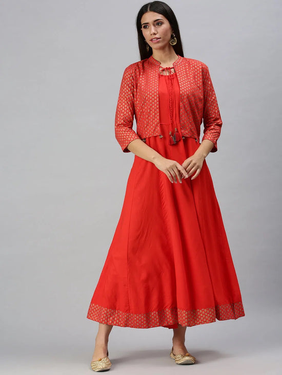 Women's Red Printed Anarkali Kurta-APNSA887-Red