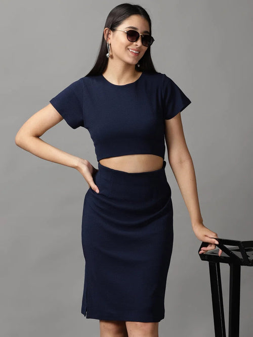 Women's Navy Blue Solid Bodycon Dress-DQ-16-842-Navyblue