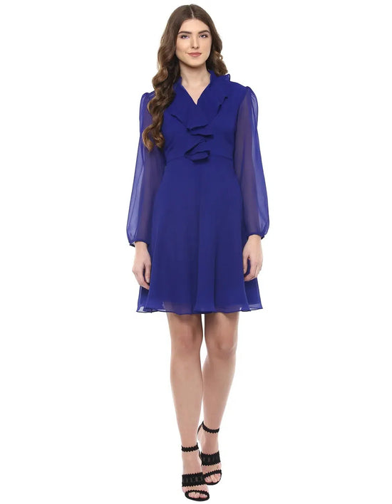 Frill collar Flare Dress in Blue