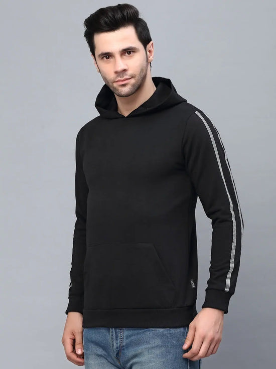 Rigo Black Fleece With Stripe Tape Patch On Sleeve Hooded Sweatshirt-Full