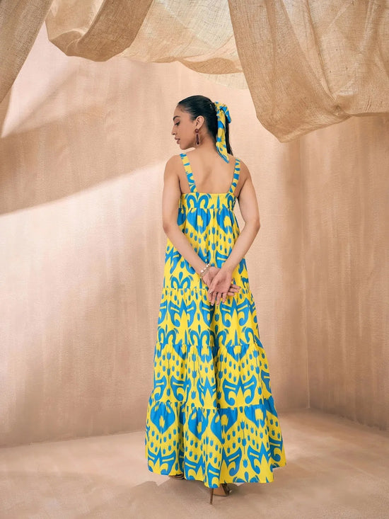 Women Yellow & Blue Ikat Loose Fit Strappy Tiered Maxi