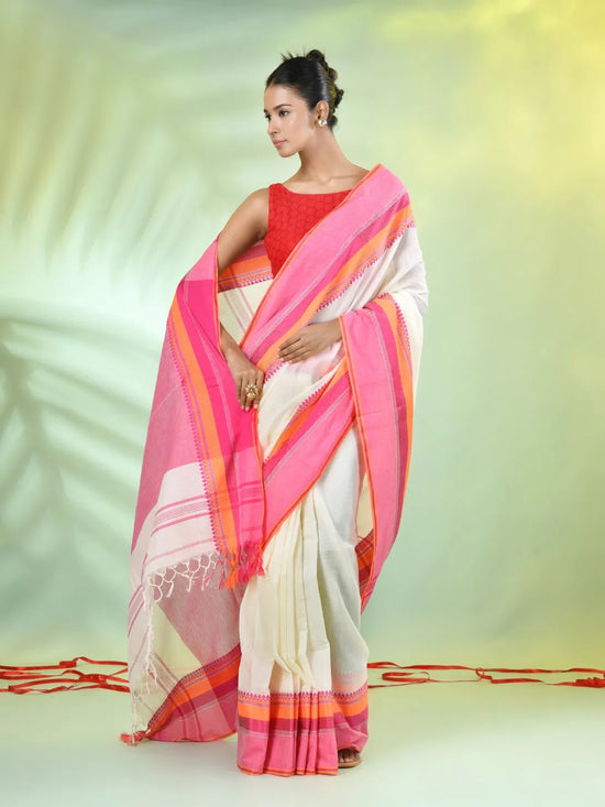 Off White Cotton Saree With Temple Borders-MA66CT43640016