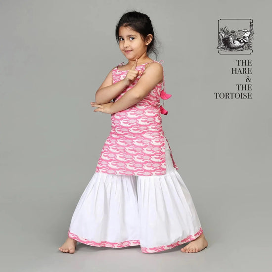 Cotton Kurta & Sharara Set For Girls with The Hare & The Tortoise Print