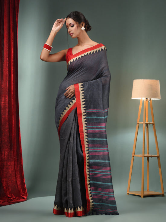 Grey Silk Linen Handwoven Saree With Temple Border-MA50SLN061100097