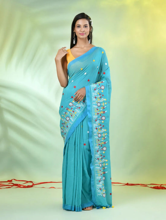 All Over Thread Floral Embroidery Sea Green Cotton Saree-MA62CT33610071