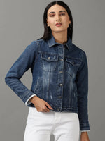 Women's Navy Blue Solid Denim Jacket-IM-9827-Navyblue