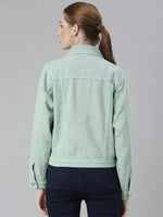 Women Sea Green Solid Denim Jacket-GZ-5598-1-Seagreen