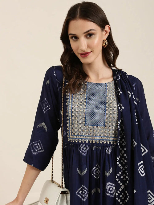 Women Navy Blue Geometrical Kurta Set-GW-3787-Navyblue