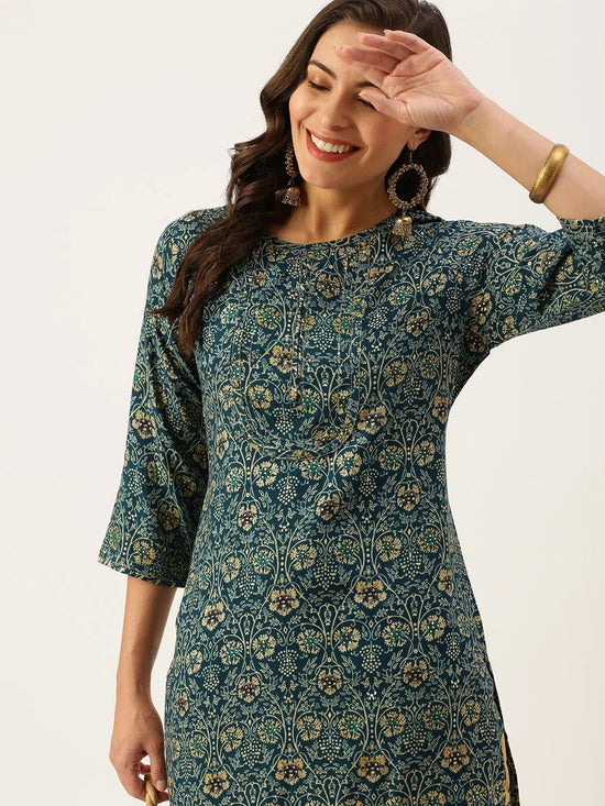 Women's Blue Printed Straight Kurtas-HO-1425-Teal