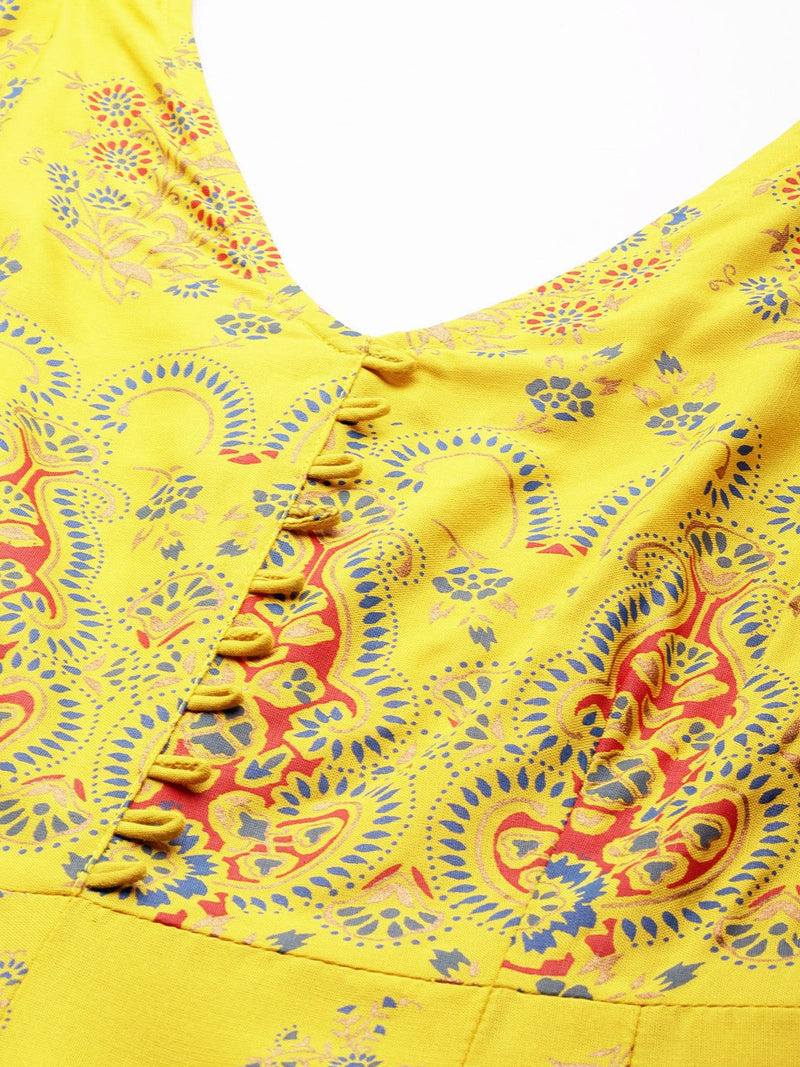 V neck pleated jumpsuit in Yellow Print