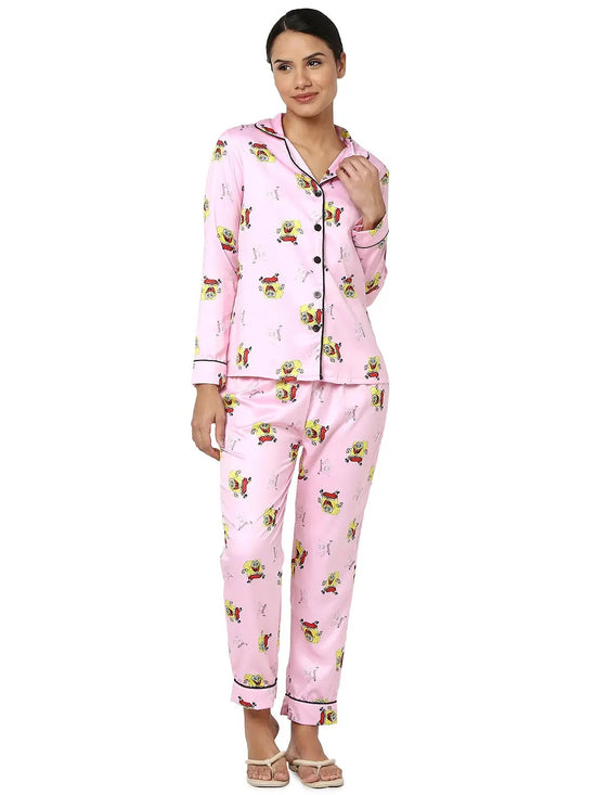 Smarty Pants Women's Silk Satin Baby Pink Color Quirky Print Full Sleeves Night Suit