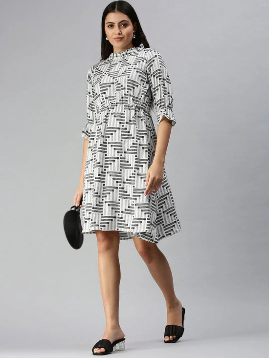 Women White Printed A-Line Dress-AE-9924-Whiteblack