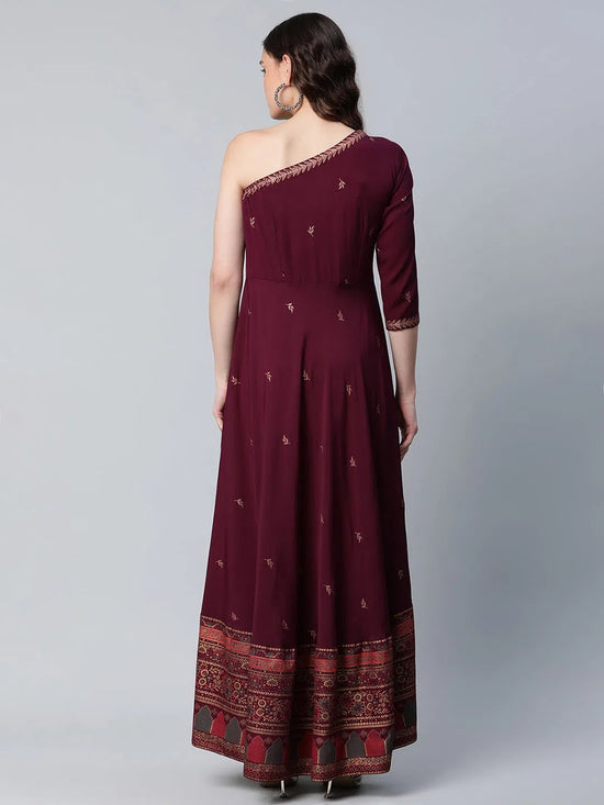 Ahalyaa Women Burgundy & Gold Toned Ethnic Motifs One Shoulder Ethnic Maxi Dress