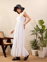 Women White Schiffli Square Neck Frill Hem Maxi Dress