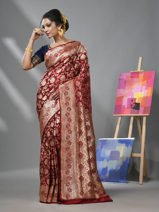 Maroon Katan Silk Banarasi Saree With Zari Woven Designs-MA52KA441380071