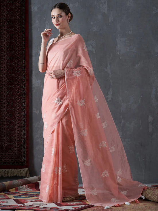 Saree Mall Women's Cotton Blend Peach Embroidered Designer Saree With Blouse Piece-12KAVI1203