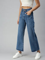 Women's Blue Solid Denim Wide Leg Jeans-GZ5042A-Blue