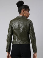 Women Solid Olive Biker Jacket-1801-Olive