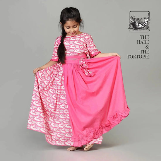 Cotton Half & Half Layered Lehenga with Stylish Blouse For Girls with The Hare & The Tortoise Print