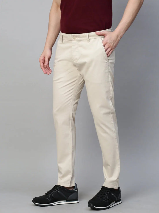 Genips Men's Light Cream Cotton Stretch Caribbean Slim Fit Solid Trousers