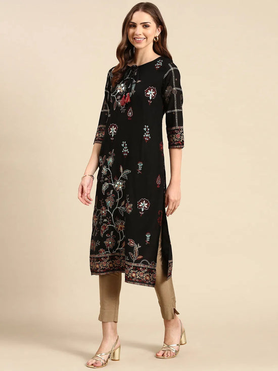 Women's Black Printed Straight Kurta-MRF-16-Black