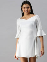 Women's Fit and Flare White Solid Dress-AE-9895-White