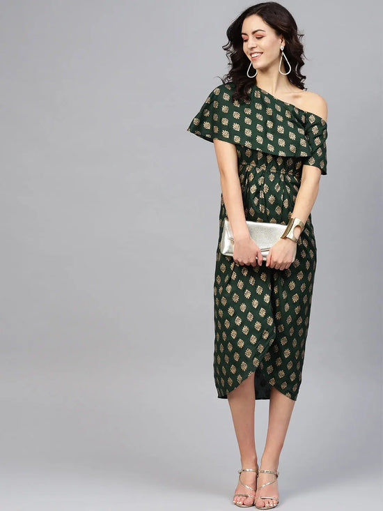 One Shoulder yoke overlap printed dress in Bottle Green