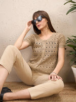 Women Beige Round Neck Crochet Top