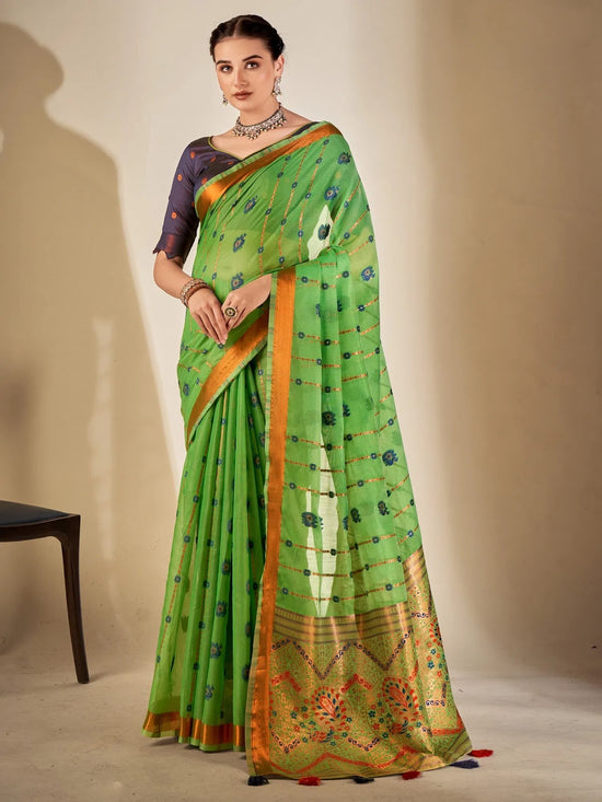 Saree Mall Women's Cotton Blend Light Green Woven Design Designer Saree With Blouse Piece-MYSHA82304