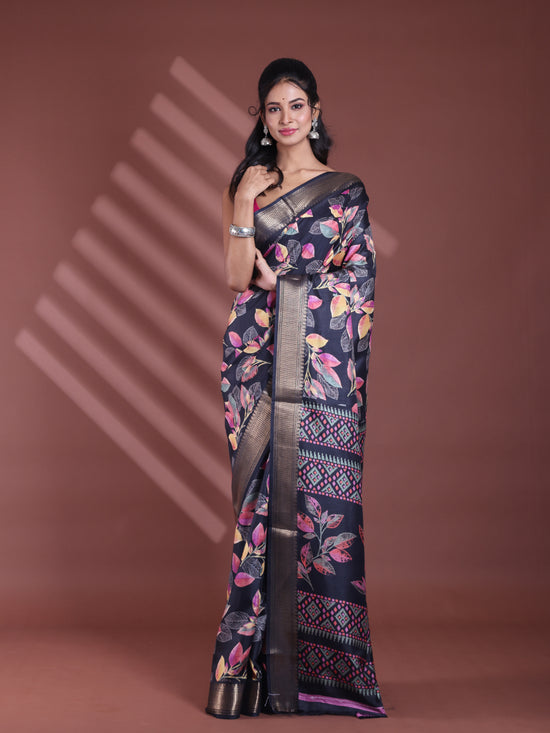 Black Foliage Print Silk Soft Saree With Zari Border-MA60BSL01460027