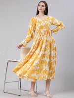 Women Mustard Floral Empire Dress-ON-007-Mustard