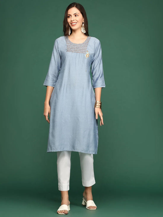 Women's Blue Solid Straight Kurta-DF-1211-Steel