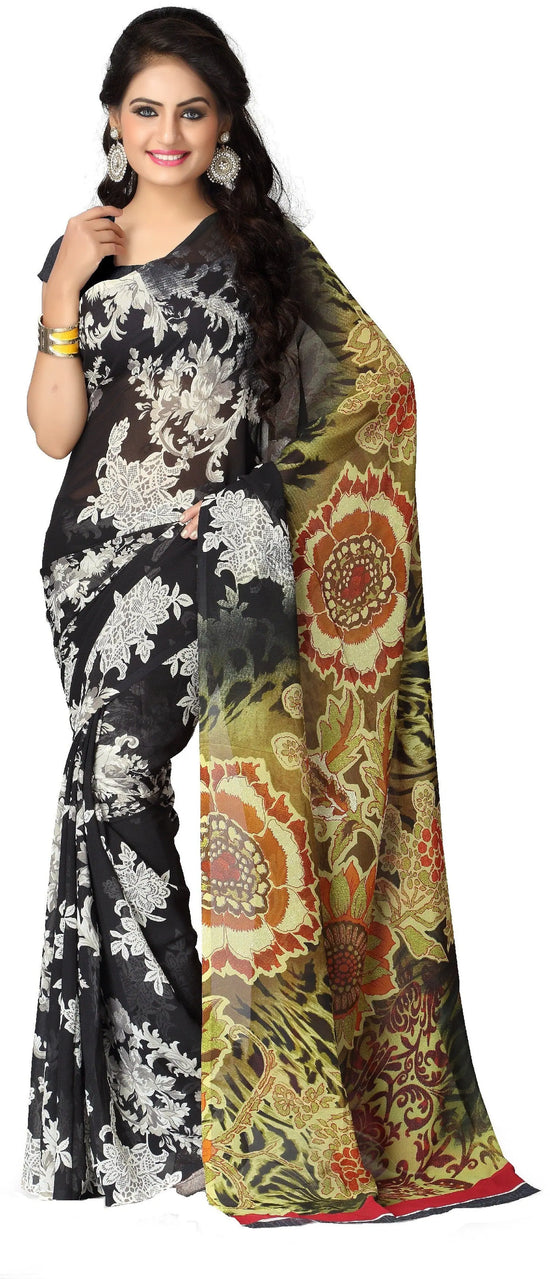 Black Printed Georgette Saree-Raga3070a-Standard