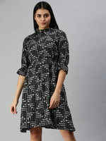 Women's Black Geometric A-Line Dress-AE-9924-Blackwhite