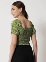 Green Floral Print Smocking Crop Top