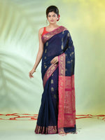 Navy Blue Cotton Saree With Nakshi Zari Borders-MA66BCT431050021