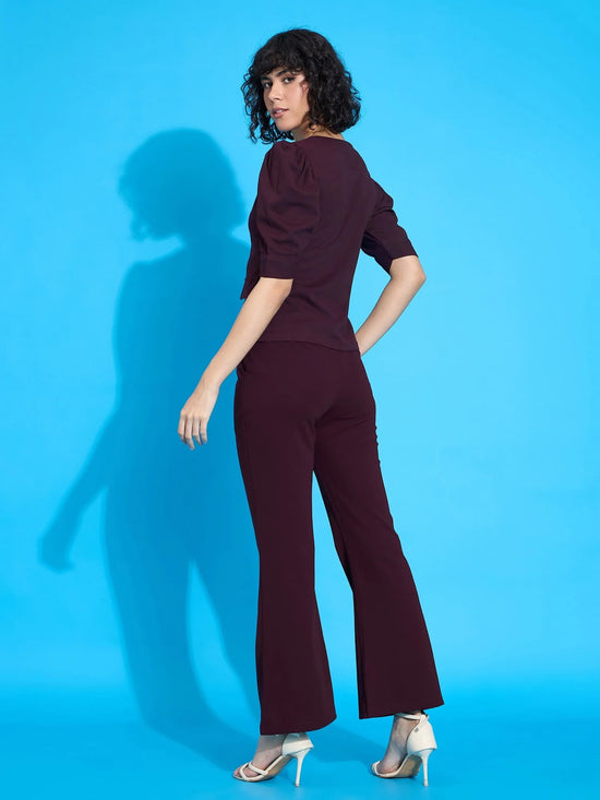 Women Burgundy Puff Sleeves Top with Bell Bottom Pants