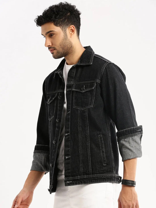 Men Black Spread Collar Solid Denim Jacket-IB-DJ-05-2-Black