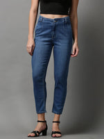 Women's Blue Solid Wide Leg Denim Jeans-GZ-5301-1-Blue