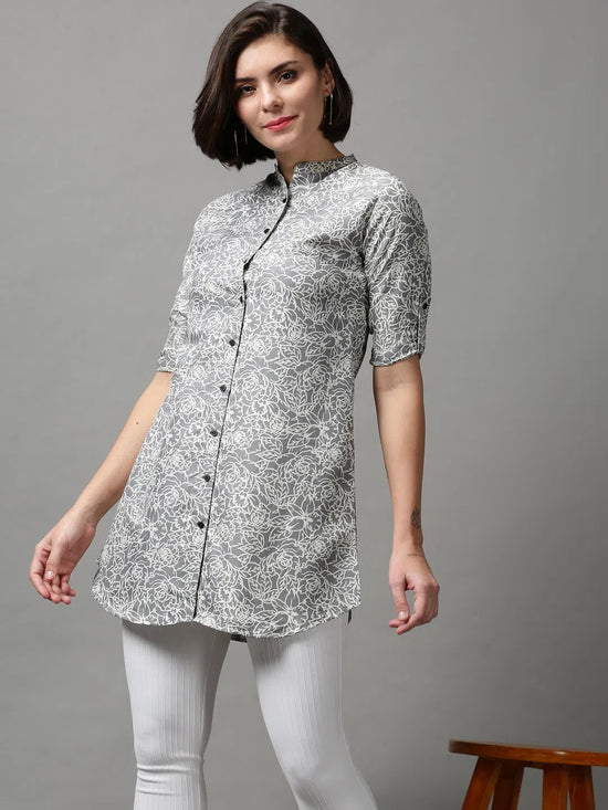 Women's Grey Printed Longline Shirt-AE-444115-Grey