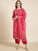 Women Straight Pink Geometric Kurta and Patiala Set Comes With Dupatta and Potli Bag-GW-4470-Pink