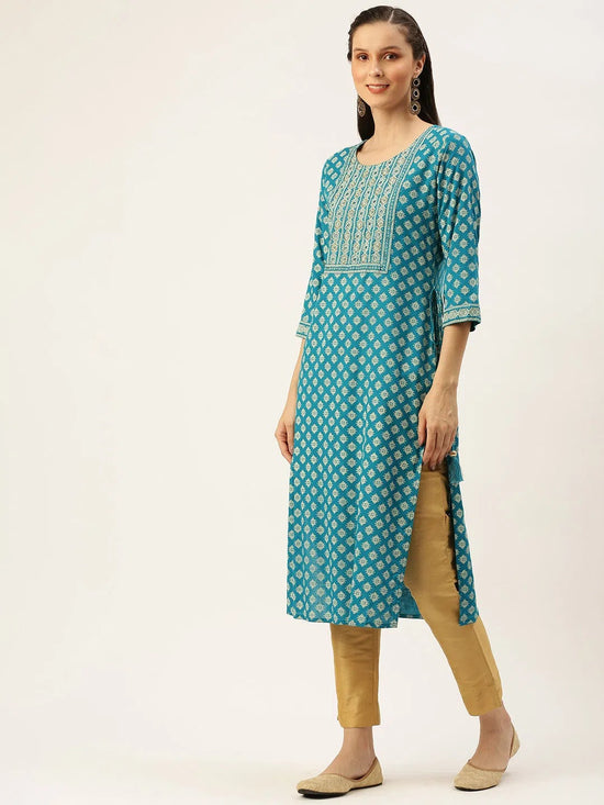 Women's Blue Printed Straight Kurtas-AT-A250-K-Blue