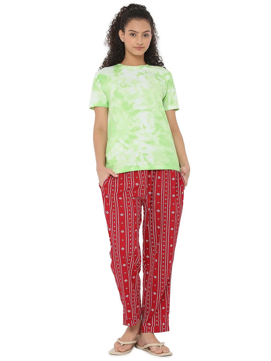 Smarty Pants Women's Cotton Lycra Tie Dye Round Neck T-Shirt & Aztec Print Pajama Night Suit Set-SMNSP-839A-S