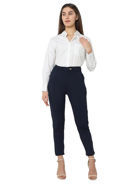 Smarty Pants Women's Cotton Lycra High Raise Waist Ankle Length Navy Blue Formal Trouser